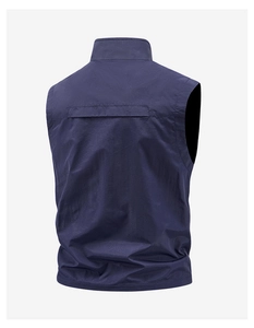 Rear view of dark blue lightweight multi-functional outdoor vest with ripstop texture
