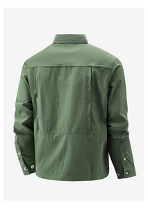 Detail view of army green shirt back featuring large breathable mesh ventilation flap