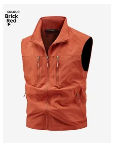 Detail view of brick red outdoor vest featuring vertical zipper pockets and mesh lining