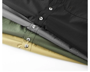 Close-up of four colors of stretch quick-dry men's shirts showing texture and buttons
