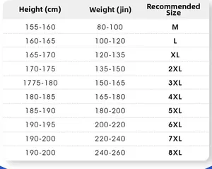 Detailed size chart for men's quick-dry sport T-shirt from M to 8XL with height and weight