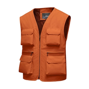 Gilet de pêche orange à poches multiples avec doublure en mesh respirant et fermeture éclair