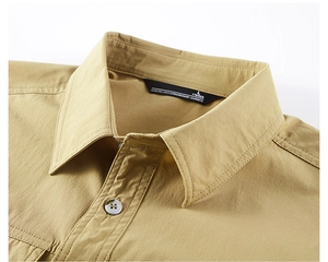 Detail shot of khaki casual shirt collar with standard lapel and premium four-hole buttons
