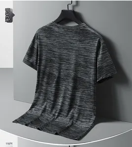 Rear view of a men's athletic t-shirt showing heathered dark gray quick-dry fabric texture