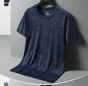 Detail of dark blue quick-dry fabric texture and heat-pressed tag on men's t-shirt