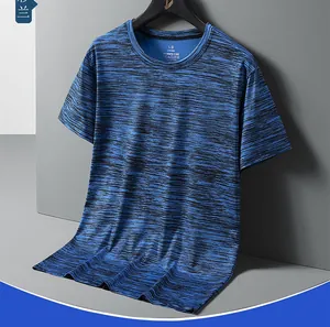 Close-up of royal blue heathered quick-dry sport T-shirt with collar size label