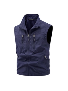 Men Outdoor Cargo Vest Multi Pocket Stand Collar Mesh Lining Lightweight Fishing Utility Waistcoat Zip Up Sleeveless Jacket