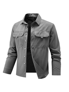 Men's grey quick-dry long sleeve casual shirt with breathable stretch fabric and pockets