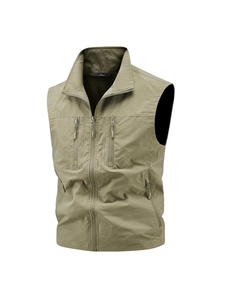 Men outdoor multi-pocket utility fishing vest with stand collar and mesh lining