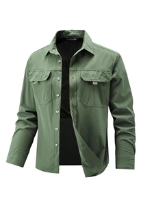 Men's olive green quick-dry long sleeve shirt with utility pockets and stretch fabric