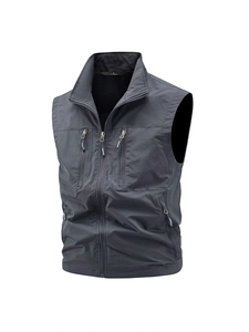 Men's outdoor utility vest in dark grey with stand collar and functional zip pockets