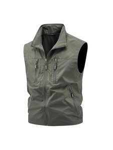 Men's outdoor utility vest in army green with multi-pocket design and stand collar