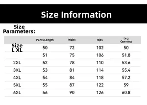 Detailed size chart for men quick-dry shorts covering dimensions from size L up to 6XL