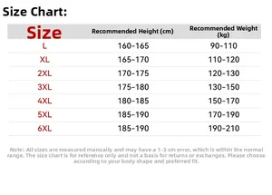 Size chart table for men's quick-dry shorts showing height and weight recommendations L to 6XL