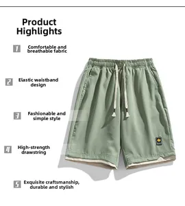 Detail view of quick-dry shorts featuring a double-layered hem and maple leaf patch