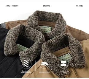 Detail of wool collar and durable canvas fabric on winter military jackets in three colors