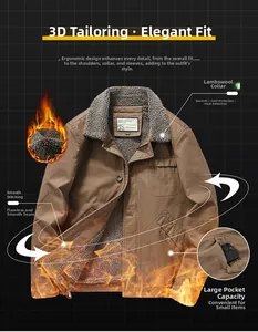 Detail of warm lamb fleece collar and reinforced pockets on brown military jacket