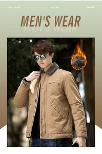 Close-up of khaki military jacket showing warm fleece collar and windproof canvas texture
