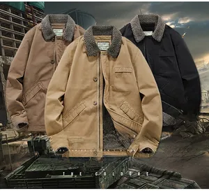 Detailed close-up of thick sherpa fleece lining inside men military winter canvas jacket