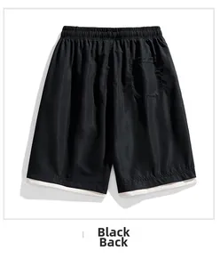 Rear view of black quick-dry men's sports shorts with elastic waist and pocket detail