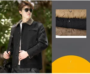 Detailed views of men's winter work jacket with faux fur collar in three colors