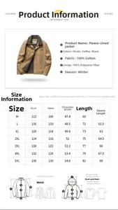 Detailed size chart for men's winter cotton jacket showing measurements from M to 5XL
