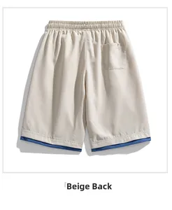 Detail view of quick-dry beige men's shorts back with elastic drawstring waist and pocket