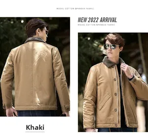 Front and back view of a khaki military winter jacket with plush collar and warm lining