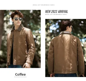 Detailed view of men's winter cotton jacket with warm lamb fleece collar in coffee brown