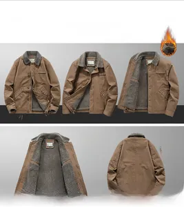 Close-up detail of warm gray lamb wool lining inside a men's brown canvas winter jacket