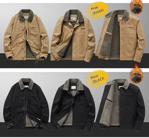 Detail of men's winter work jacket showing khaki and black options with fleece lining