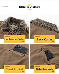 Detail view of khaki military jacket featuring thick fleece collar and deep utility pockets