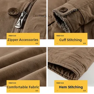 Detail view of brown winter jacket featuring metal zipper, soft fleece lining, and stitching