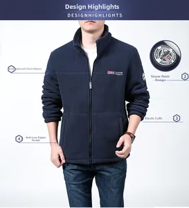 Detail of navy blue fleece jacket with chest embroidery and zippered side pockets