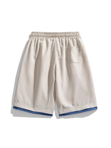 Quick-dry men's summer athletic shorts in beige with stylish navy double-layer hem design