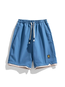 Sky blue quick-dry men's casual shorts with elastic drawstring and double-layer hem design