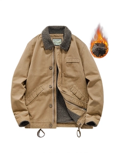 Men's winter military jacket with warm sherpa fleece lining and classic turn-down collar