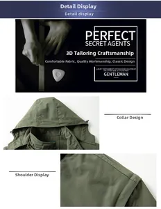 Dettaglio della giacca verde militare con cappuccio 3D e cuciture sulle spalle