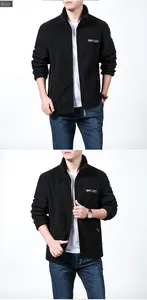 Close-up of black fleece jacket with standing collar and outdoor norwayo embroidery detail