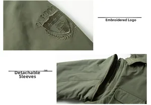 Dettaglio della giacca outdoor verde militare con logo ricamato e maniche staccabili