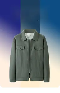 Detail of casual olive green men's jacket featuring lapel collar and metal snap buttons
