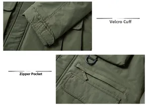 Dettaglio dei polsini in velcro regolabili e tasca con zip sulla giacca outdoor verde militare