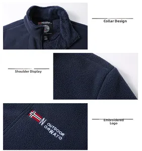 Detail shots of navy fleece jacket featuring stand collar and embroidered Norway logo