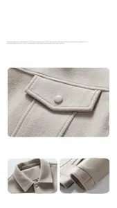 Detail of the casual beige wool jacket showing the trendy lapel and buttoned windproof cuffs