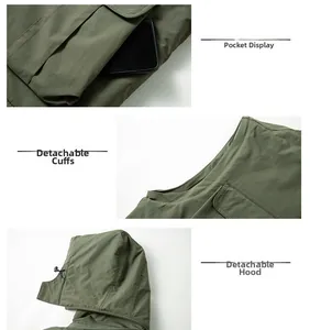 Dettagli della giacca verde militare con cappuccio, maniche rimovibili e grandi tasche