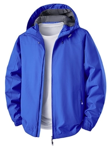 Waterproof blue hooded windbreaker jacket for men with full zipper and side pockets