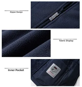 Detail view of navy fleece jacket featuring smooth zipper, fabric texture, and inner pocket