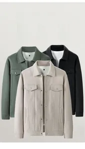 Detailed comparison of wool turn-down collar jackets in dark green, black and grey colors