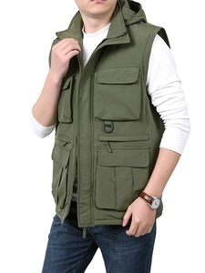 Gilet tattico outdoor verde militare con cappuccio, tasche multiple e anelli a D
