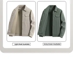 Detail view of lapel collars and chest flap pockets on light khaki and army green jackets